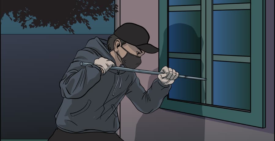 Illustration of burglar forcing entry through a window in Lansing